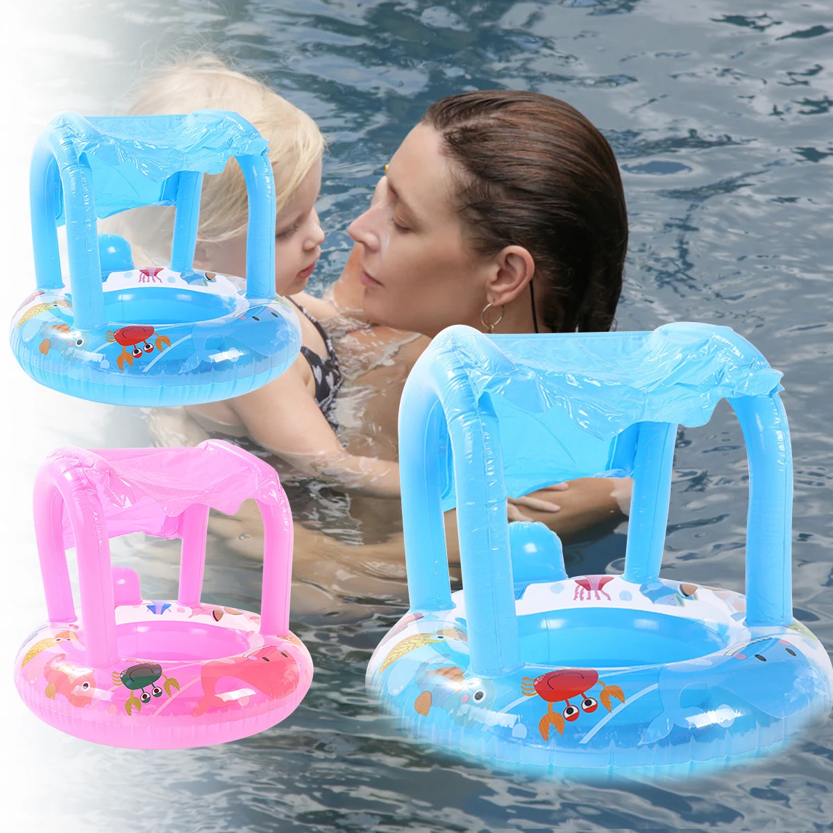 

L Baby Inflatable Pool Float Ring Baby Pool Float with Canopy Baby Swimming Float Kiddie Float Baby Seat Float Safe Cute