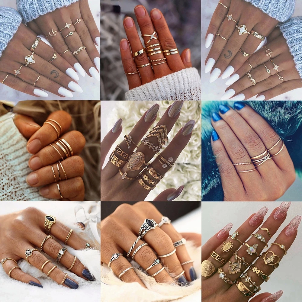 Ins Design Vintage Gold Star Moon Rings Set for Women BOHO Opal Crystal Midi Finger Ring Female Bohemian Jewelry Gifts:apm Ring