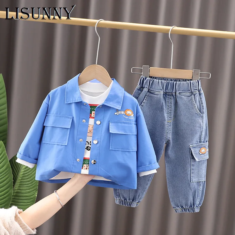 

Baby Boys Clothing Sets 2022 Spring Infant Outfits Children Clothes Coats T Shirt Pants jeansToddler Kids 3 Piece Suit Cartoon