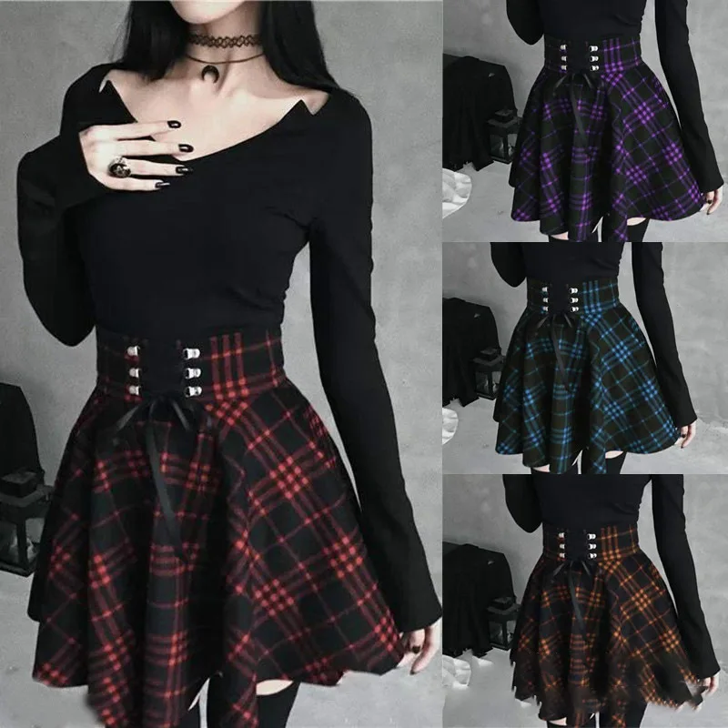 

Womens Mini Skirt High Waist Checked Print A Line Casual Lovely Mini Skirt