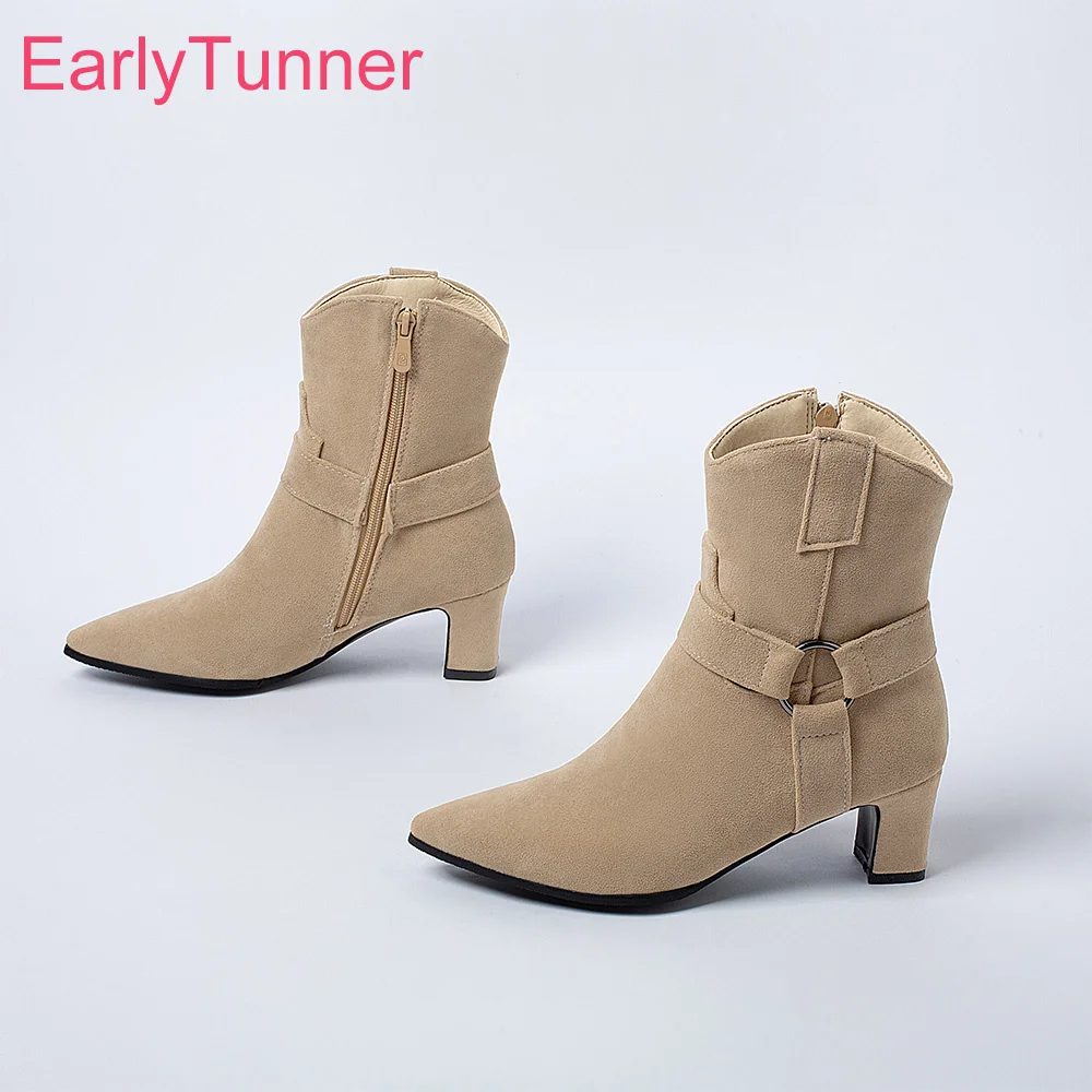 

Brand New Fashion Apricot Gray Women Ankle Riding Boots Sexy Chunky Heels Lady Shoes Plus Big Small Size 10 30 43 46 48