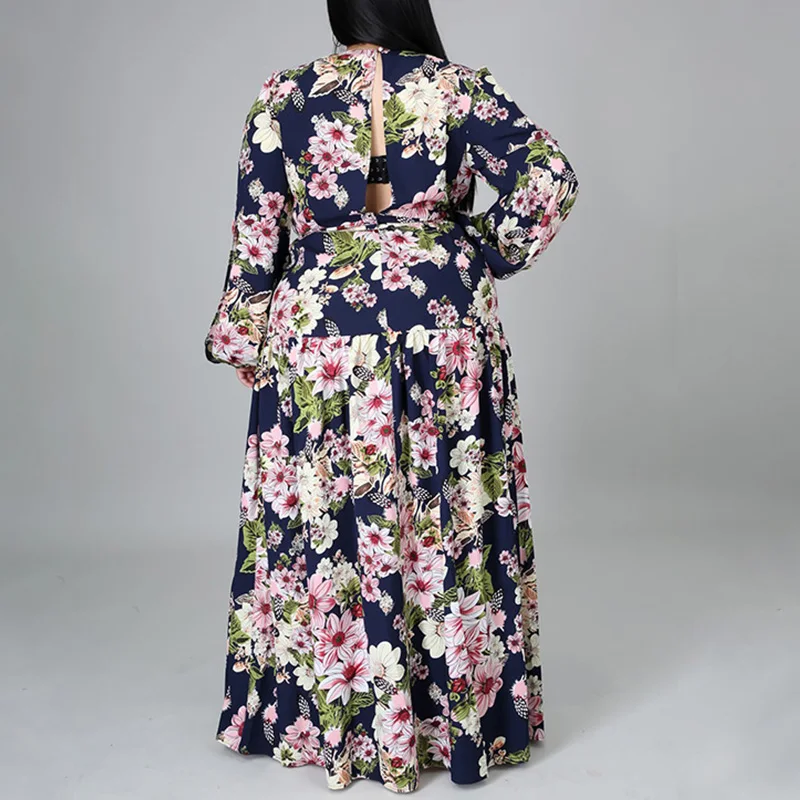 Casual Floral Printing High Waist Open Stitch Spring Autumn Clothes Plus Size Sexy Deep V-Neck Bandage Slit Maxi Dresses Womens