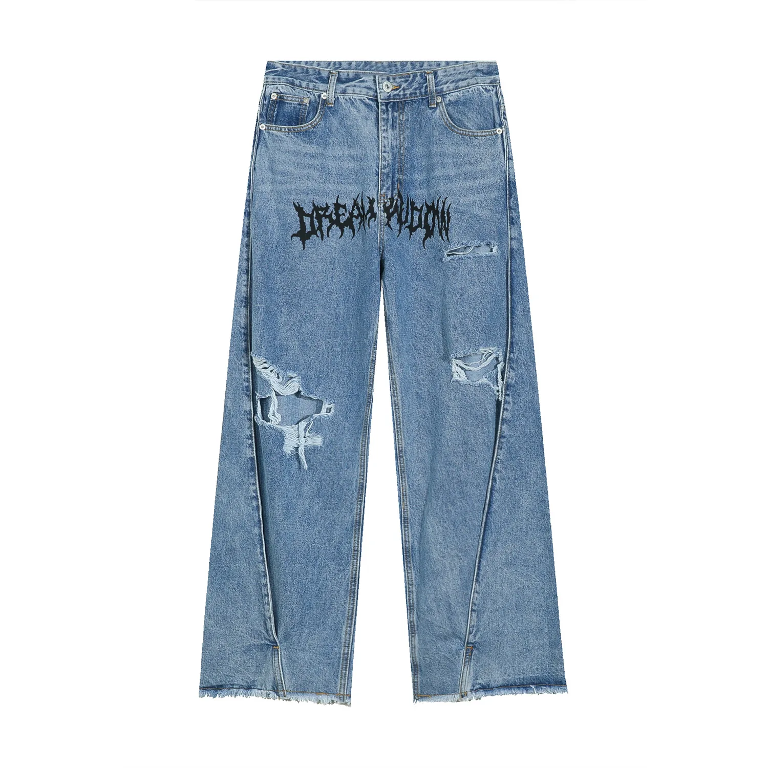 Men Jeans Korean Version Trend Letter Printing Loose Ripped Raw Edge Jeans Hip Hop Design Trousers Street Clothing Ins Hot Sale