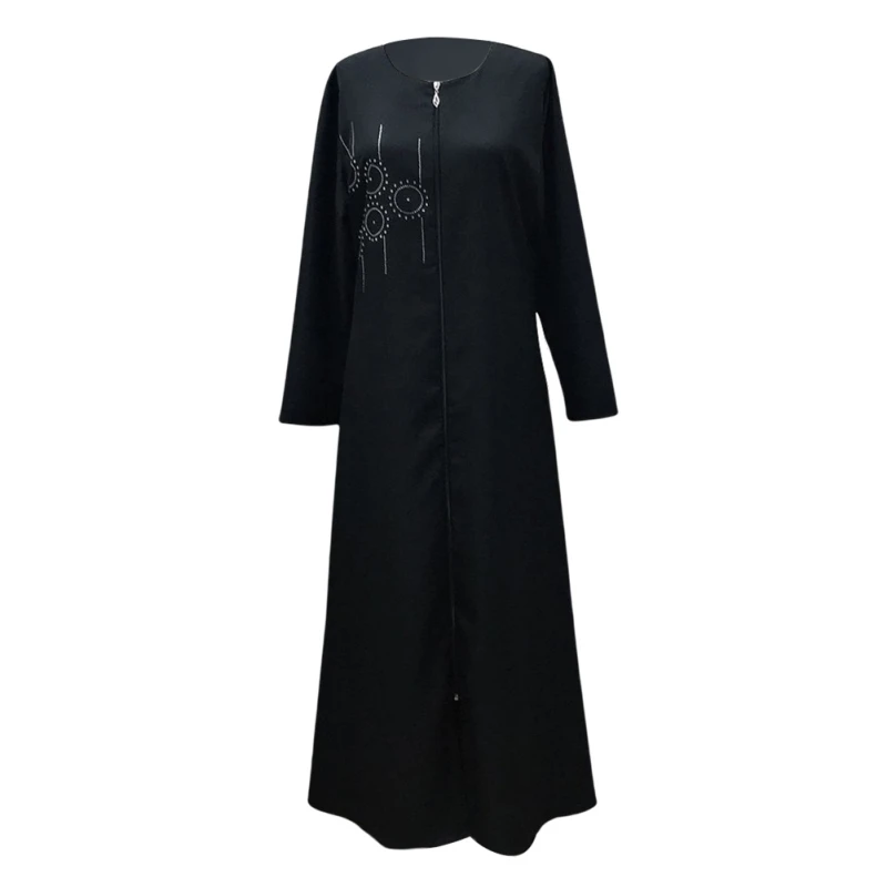 

Women's Slim Muslim Abaya Classic Long Sleeve Round Neck Hot Diamond Zipper Cardigan Robe Arab Islam Ethnic Apparels