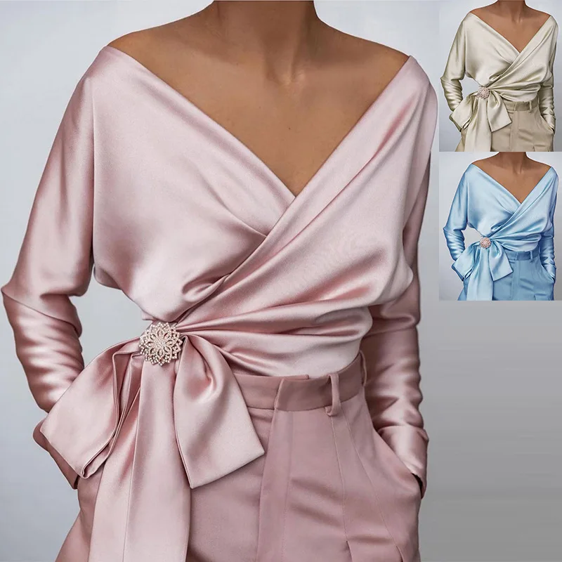 

Shirts Women Autumn 2021 Fashion Blouse Elegant Solid Color V Neck Tops Sexy Party Shirts Office Lady Long Sleeve Blouse
