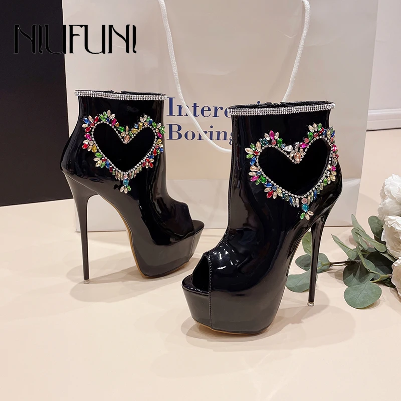 

Platform Peep Toe Heart Shaped Rhinestone Women's Boots Side Zipper Patent Leather Short Tube Martin Boots 16CM Stiletto Heels