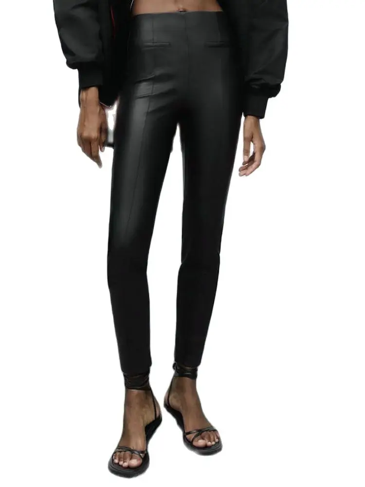 

2023 Spring Autumn Women High Waist Tight Black Faux Leather Pencil Pants Lady Vintage Skinny Slim Bodycon Street PU Trousers
