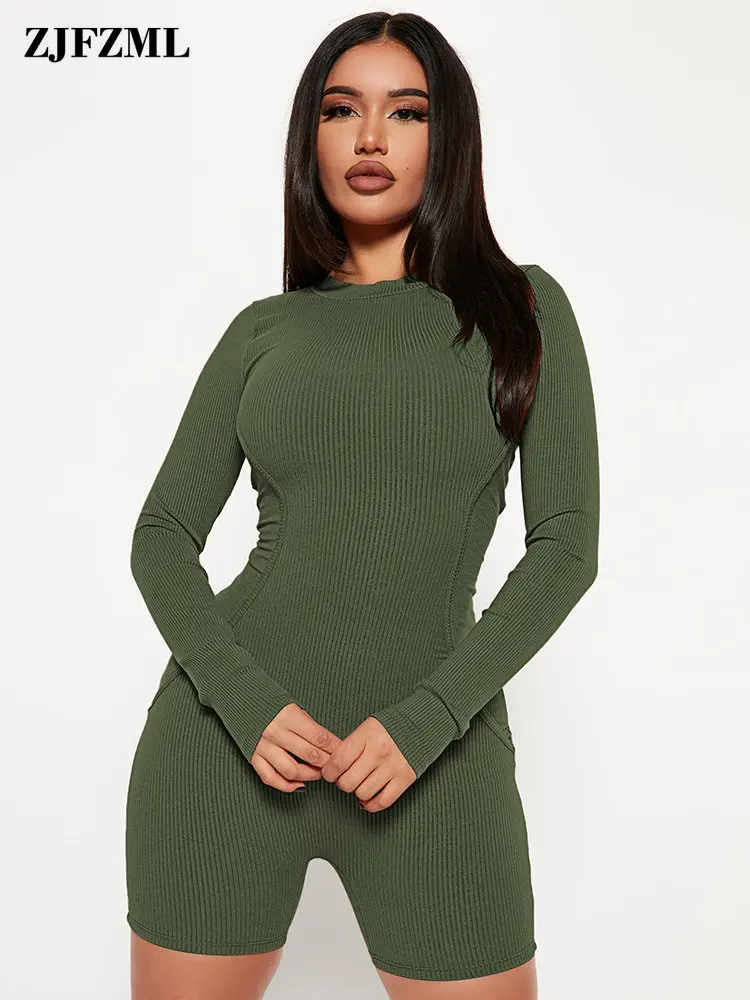 

2023 Streetwear Elastic Ribbed Skinny Playsuit Active Girls Crewneck Long Sleeve Sheath Bodysuit Casual Workout Running Jumpsuit