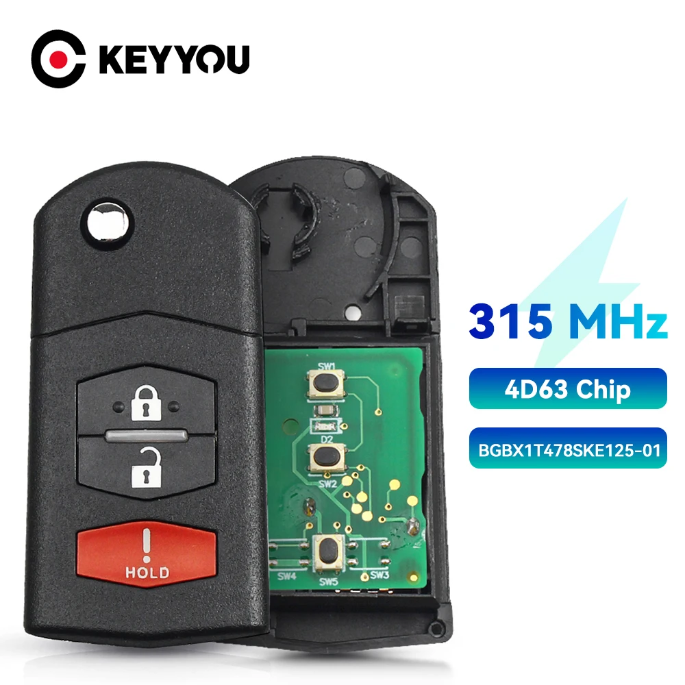 KEYYOU 3 Buttons Remote Folding Car Key For Mazda 3 5 6 CX-7 CX-9 MX-5 Miata BGBX1T478SKE125-01 4D63 Chip Fob 315Mhz