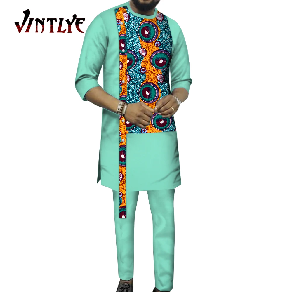 Bazin Riche African Clothes for Men 2 Pcs Set Hip Hop Long Sleeve Shirt and Pant Dashiki African Traditonal Men Outfit WYN1197