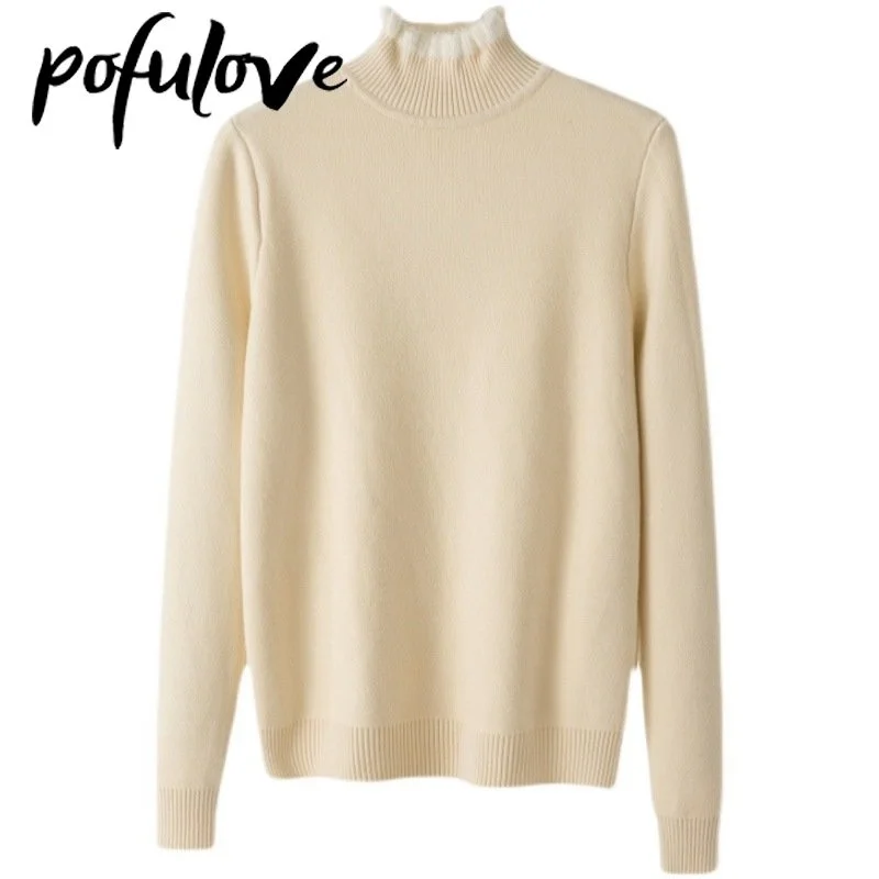 

Half Turtleneck Sweater Women's Slim Plush Thickened Knitwear Warm Pullover Velvet Solid Knit Sweater Autumn and Winter Jumper