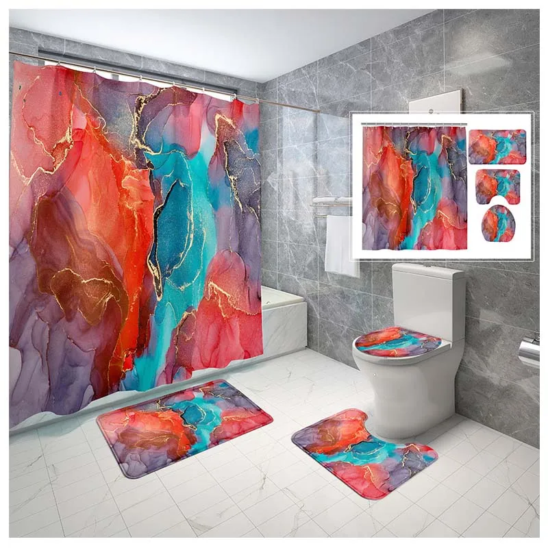 

4 Pcs White Black Marble Texture Shower Curtain Set with Non-Slip Rugs, Toilet Lid Cover and Bath Mat Natural Marble Abstract Sh