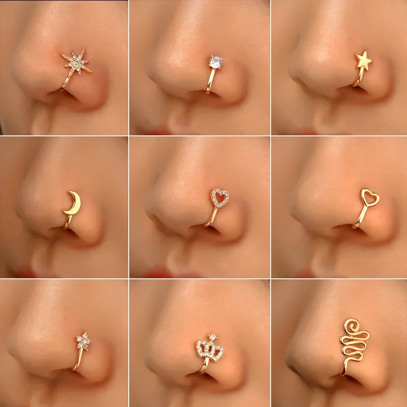 

New in Gold Silver Color Heart Clip On Nose Ring Star Fake Nose Piercing Clip On Cross Nose Clip Fake Jewelry Faux Piercing Nez