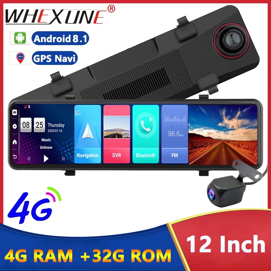 

12 Inch Android 8.1 Auto Car DVR 4G Dash Cam Camera ADAS RearView Mirror Video Recorder Registrator GPS WiFi Dual Lens DashBoard