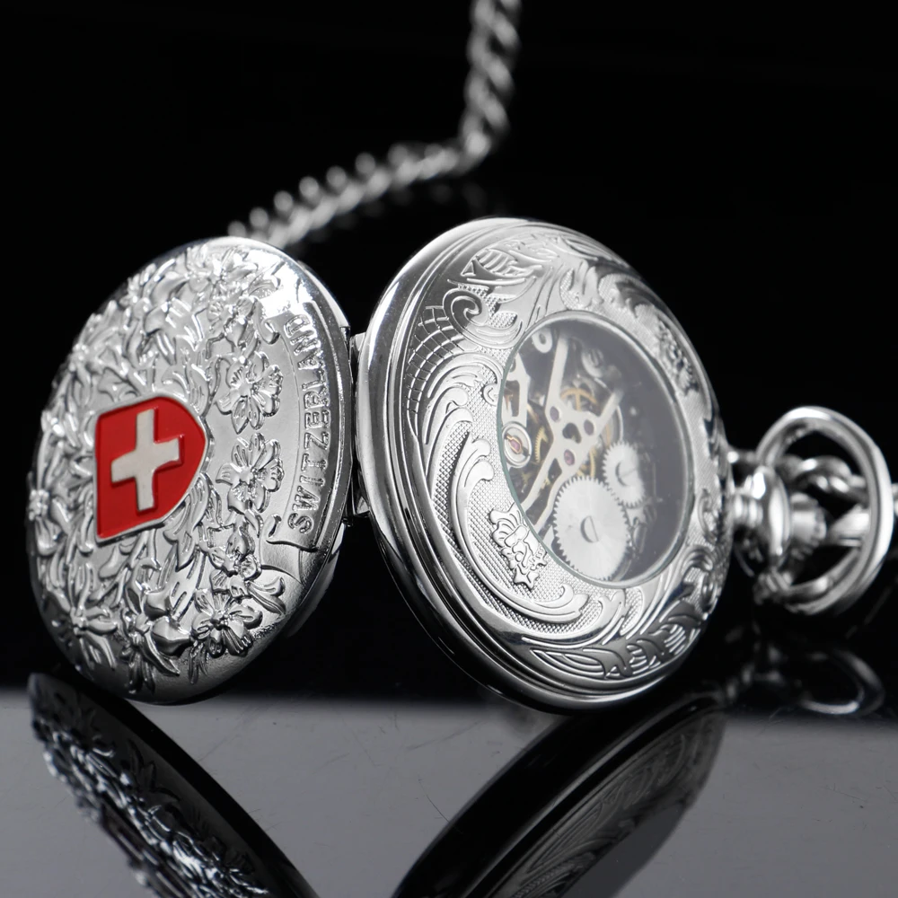 Silver Steel Red Cross Emblem Nurse Mechanical Pocket Watch Vintage Gentleman Analog Signal Clock Women Jewelry Gift