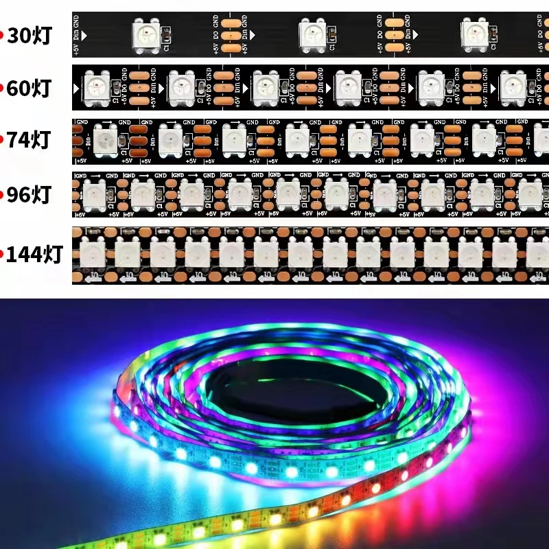 

5m/lot DC5V WS2812 5050 RGB Pixel Strip Tape Individuaily Addressable LED Lights 30/60/74/96/144 Pixels/m IP30/65/67 For TV Room