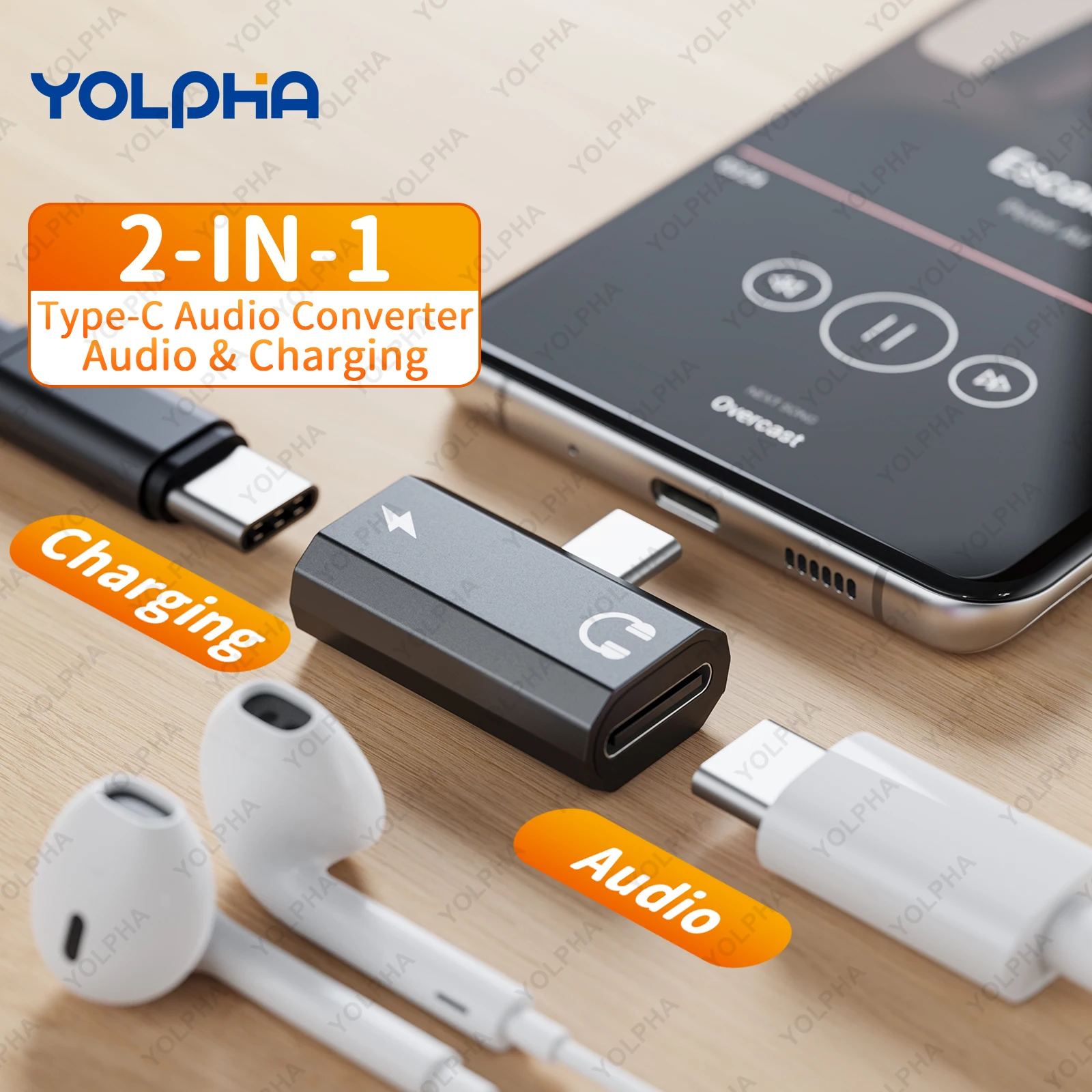 Фото Конвертер 2 в 1 USB C в Type-C для зарядки мобильного телефона/разветвитель для наушников Адаптер типа C для Xiaomi Huawei IPhone 15 IPhone 16 №1