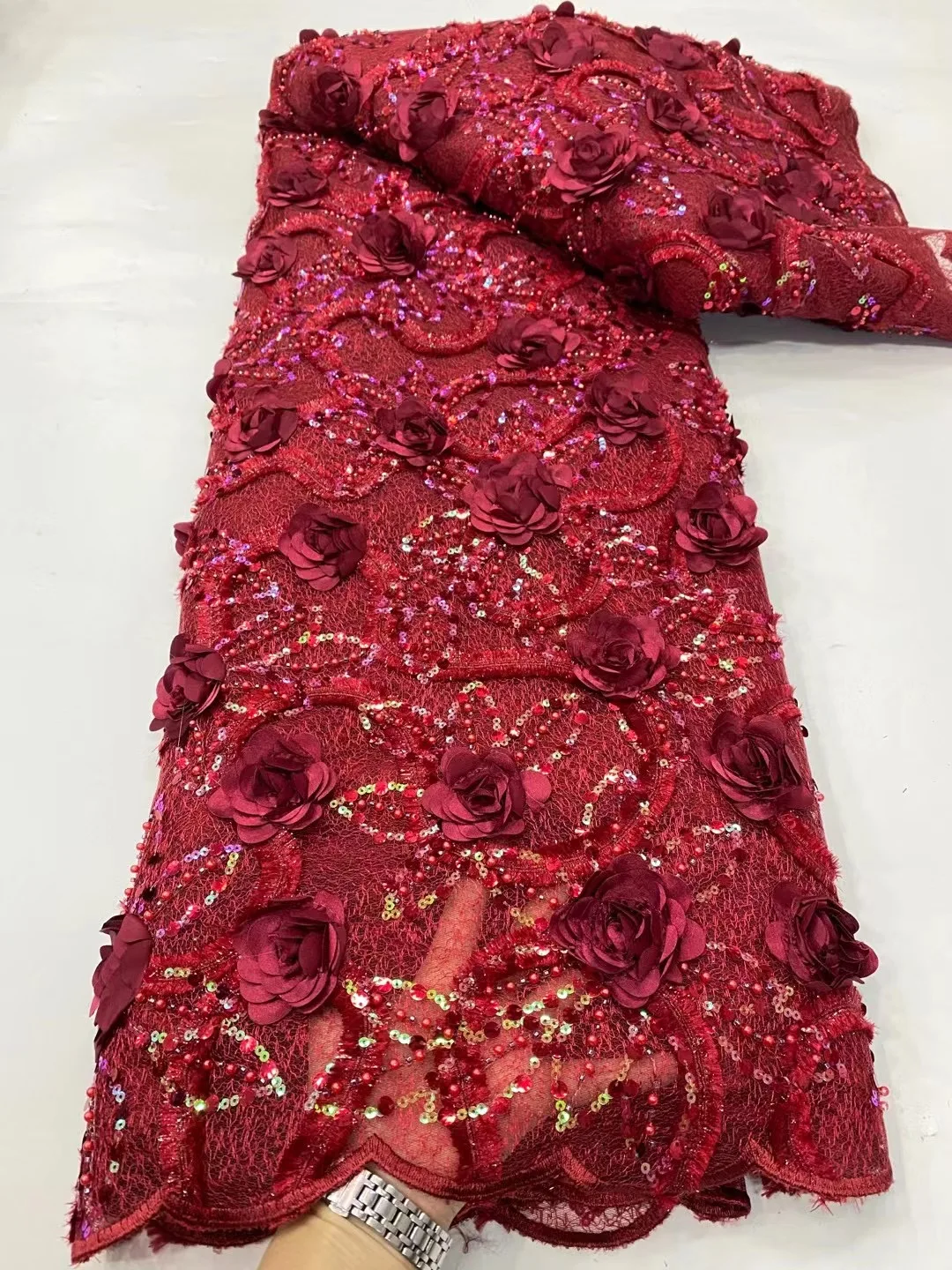 

Luxury French Heavy Handmade Beads Sequins Lace Fabric High Quality Nigerian Pearl 3D Applique Fabric For Bride Wedding Dresses