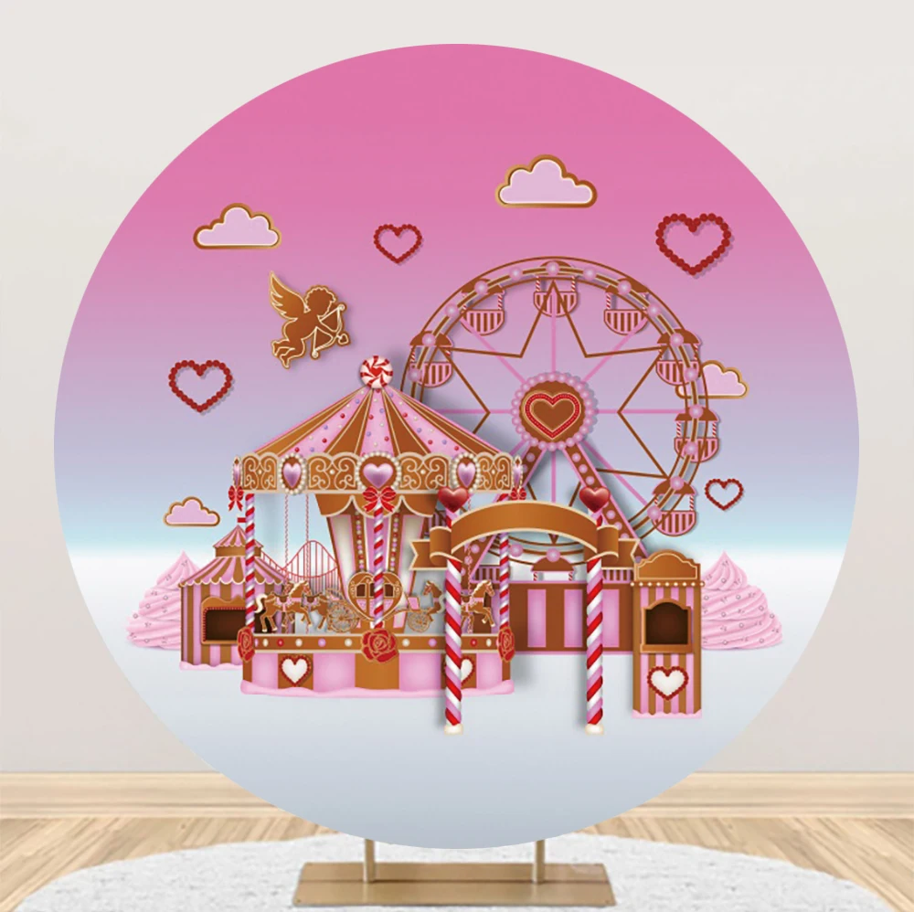 

Circus Round Backdrop Cover Princess Baby Girl Birthday Party Pink Heart Carousel Ferris Wheel Carnival Circle Photo Background