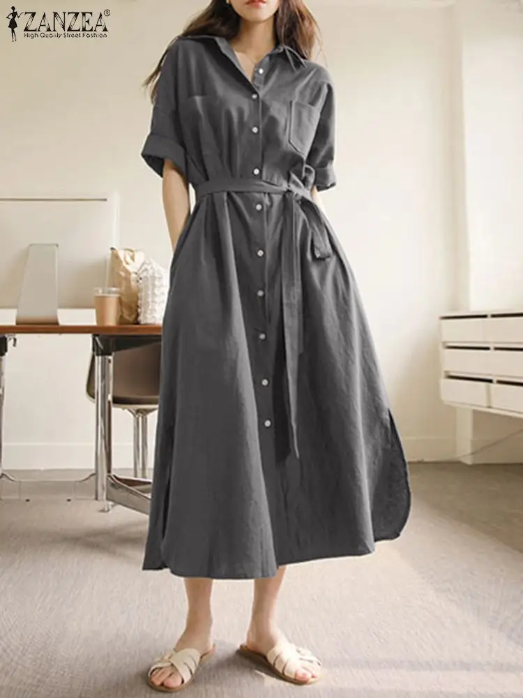 

Elegant Solid Shirt Dress Women Summer Sundress ZANZEA 2022 Casual Short Sleeve Midi Vestidos Belted Female Lapel Robe Femme