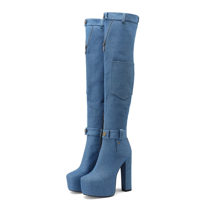 2023Slim Plus Size Thigh-high Boots Chunky Heels Over The Knee Children's High-heeled Round Toe Cowboy Boots A-0031