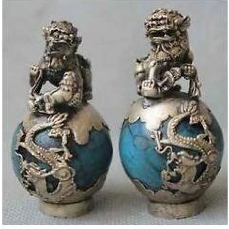 YM  305  1 Pair Tibet Silver Dragon Turquoise Phoenix Ball Foo Fu Dog Guardion Lion Pair Statue