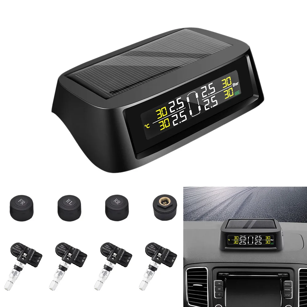 

LCD Display 0-8 bar Digital TPMS Tire Pressure Monitoring System Solar TPMS Tire Pressure Sensor USB Auto Security Alarm