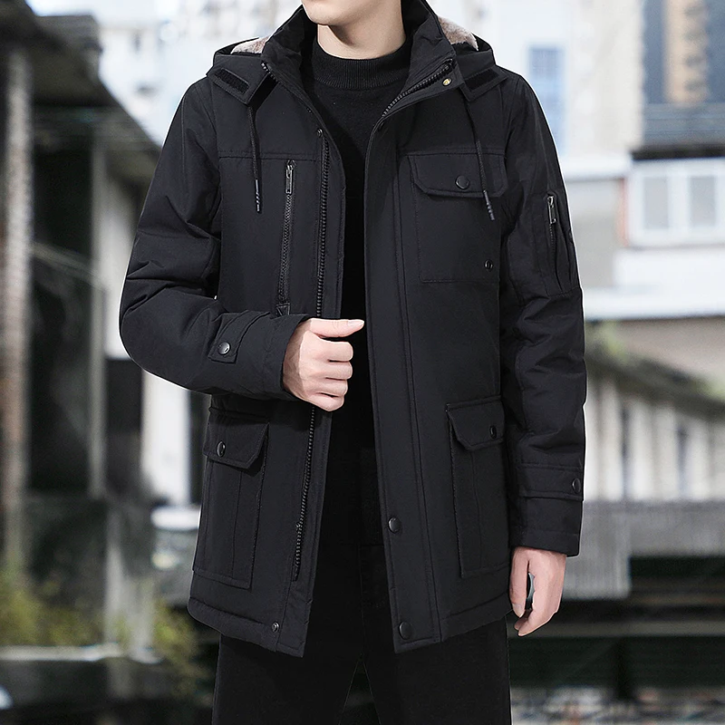 2022 Men Winter Medium length Parkas Warm Thick Hood Jacket Coat Man Outwear Warm Classic Windproof Parka Male Military Overcoat