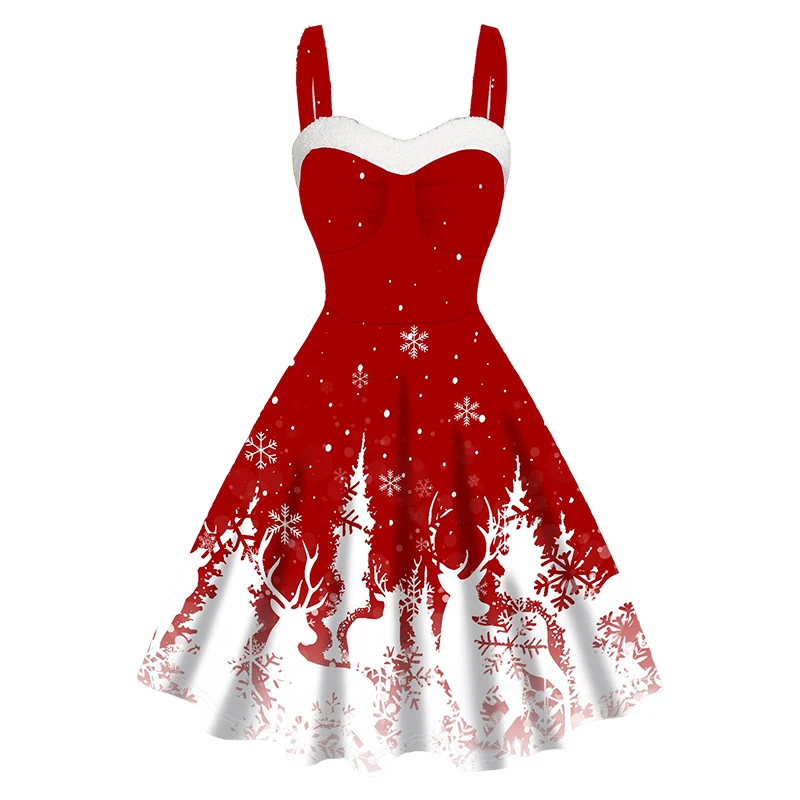 

Elk Tree Snowflake Print Faux Fur High Waisted Dress Strap A Line Mini Robe For Female Christmas