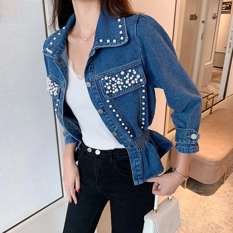 

Vintage Beadign Elastic Waist Long Sleeve Jeans Jacket Women Turn-Down Collar Pocket Button Blue Short Denim Jacket Coat Female