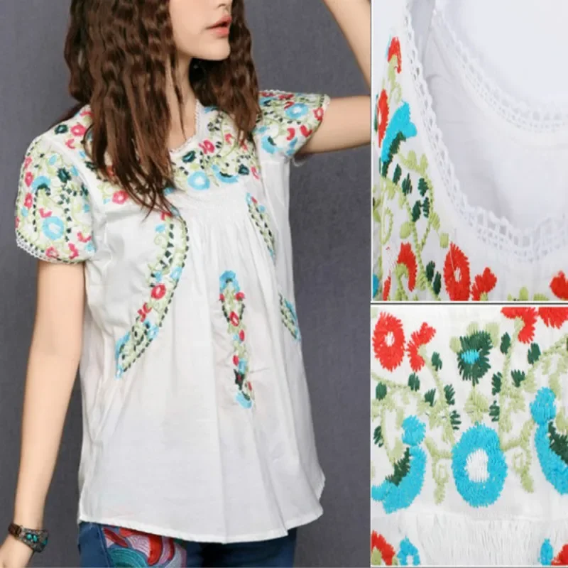 Женский винтажный Ретро-топ с вышивкой в этническом стиле