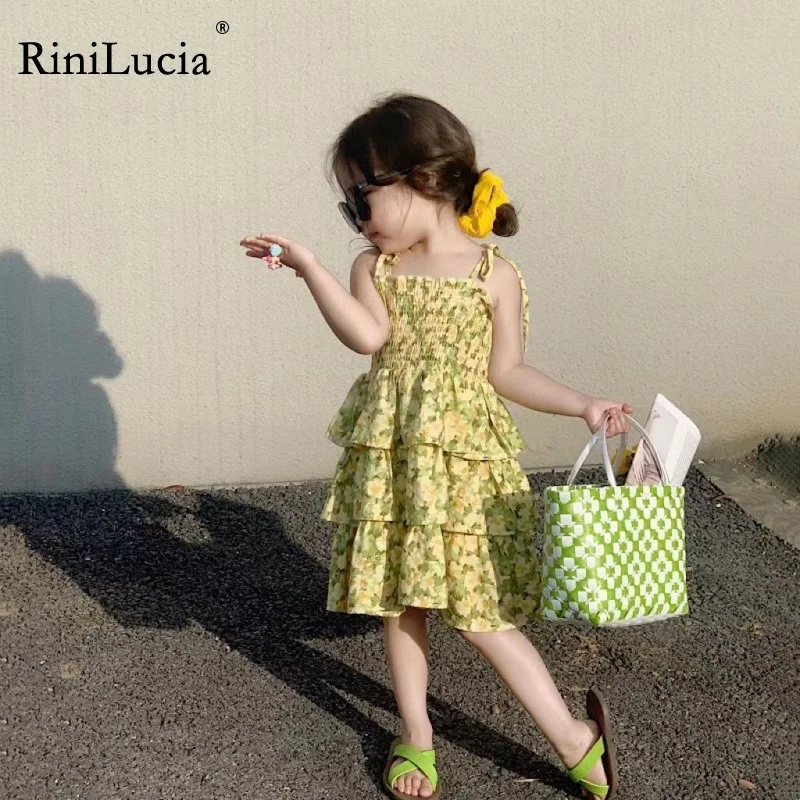 

RiniLucia New Summer Girls Dress Strap Floral Bow Sleeveless Layered Party Princess Dress Children Baby Kids Girls Clothing