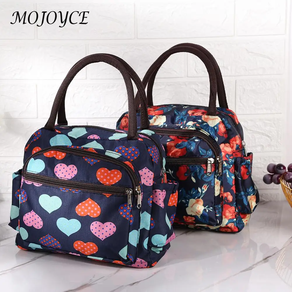 

Retro Women Lunch Bag Flower Love Print Pattern Cosmetics Storage Bag Portable Picnic Lunch Tote Casual Handbags
