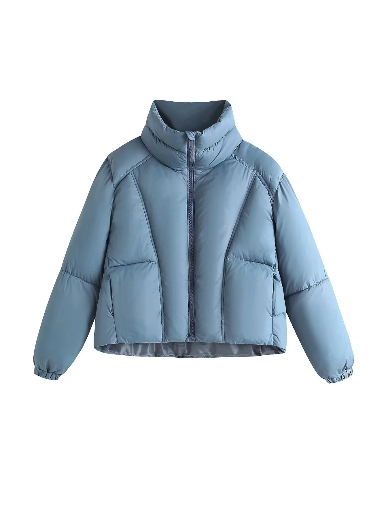 Autum Winter 2022 Women's Blue Thickened Cotton Sandwich High Collar Zip Pocket Warm Long Sleeve Cotton Jacket Warm Fashion