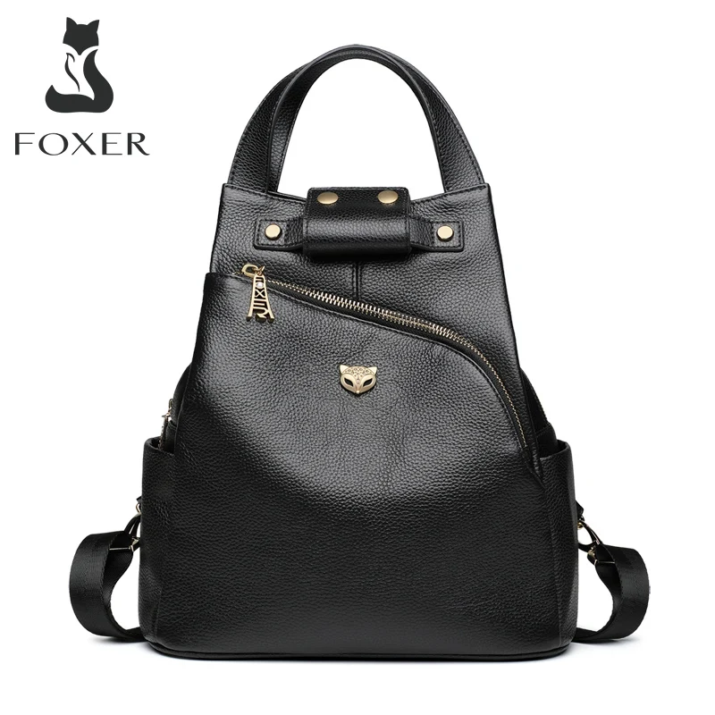 FOXER Lady Genuine Leather Small Backpack Handbag 2 in 1 Female Fashion Preppy School Bag Practical Travel Bag Women Travel Bags