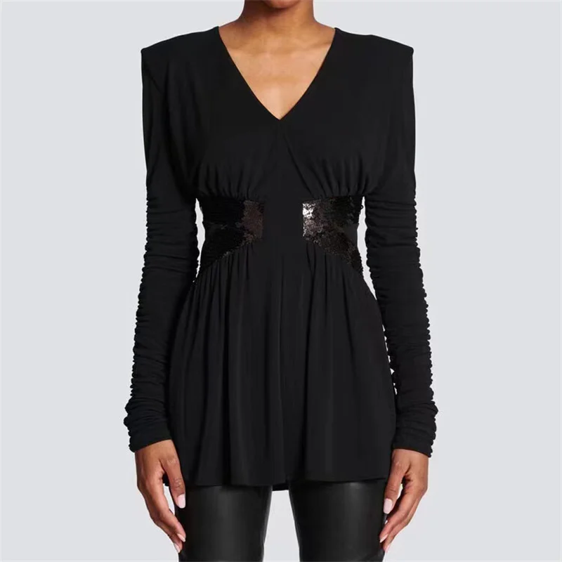 

Summer 2023 New in Women's Pleated Sequin Waist Dress Korean Fashion Stretch Slim Mini Short Skirt V-neck Long-Sleeved Top y2k