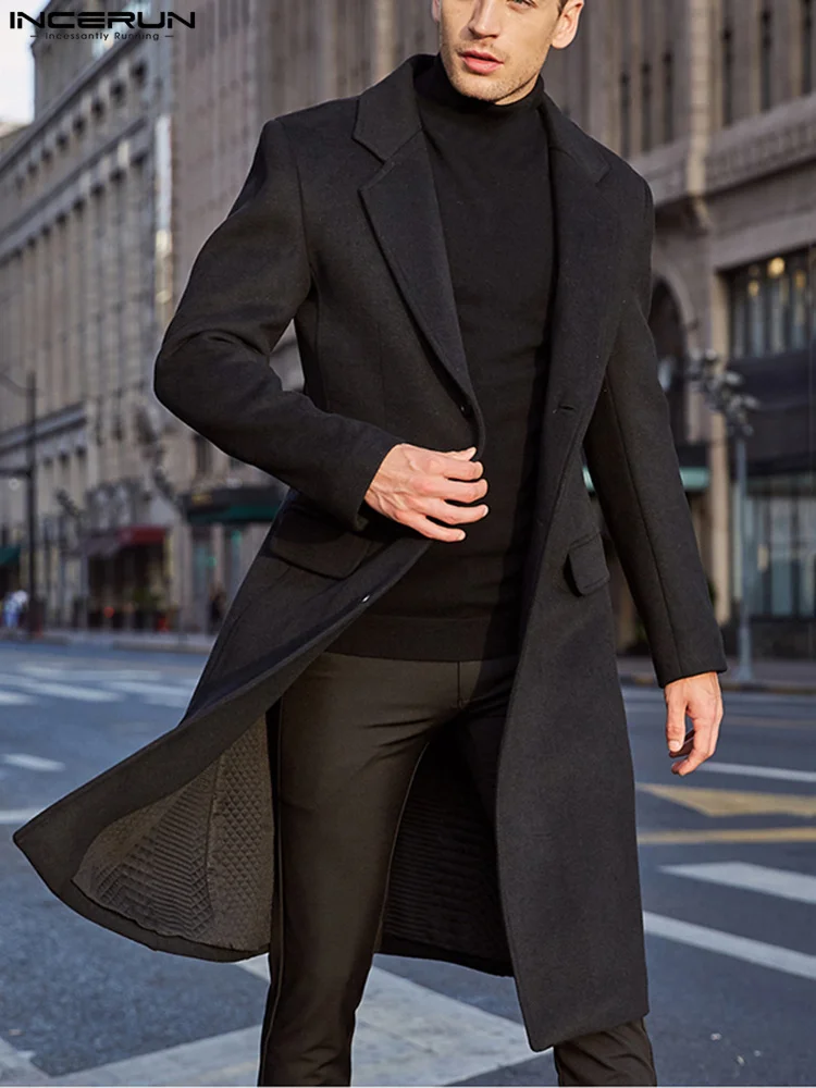 

INCERUN Tops Men Long Windbreaker New Woolen Coat Over 2022 Winter Knees Coat Lapel Neck Fashion Male High Quality Warm Coat 5XL