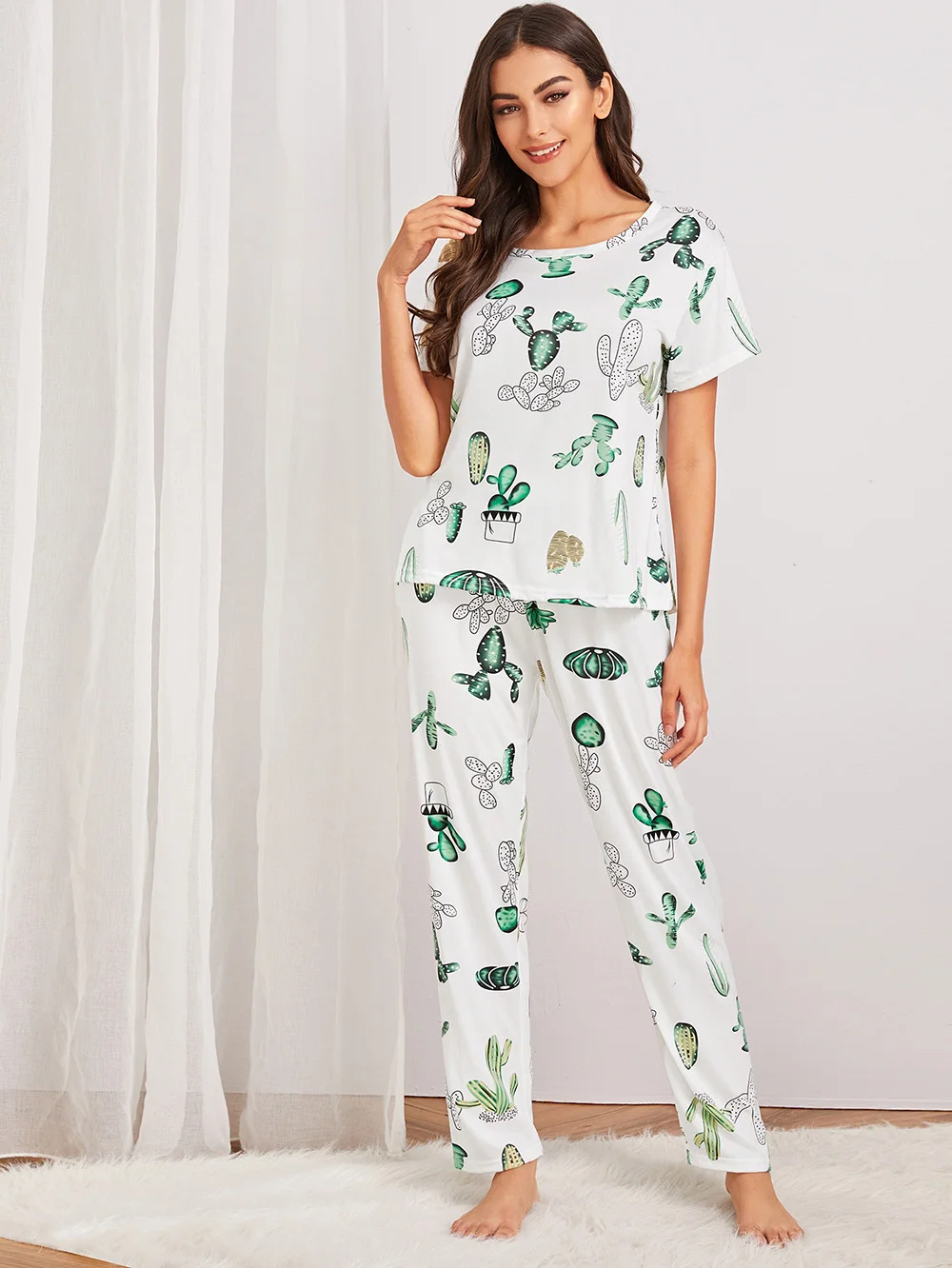 Women's Pajama Set Short Sleeves with Cute Prints Cactus Relaxed Fit Comfort Short Sleeve Homewear Ladies Tender Casual Wear
