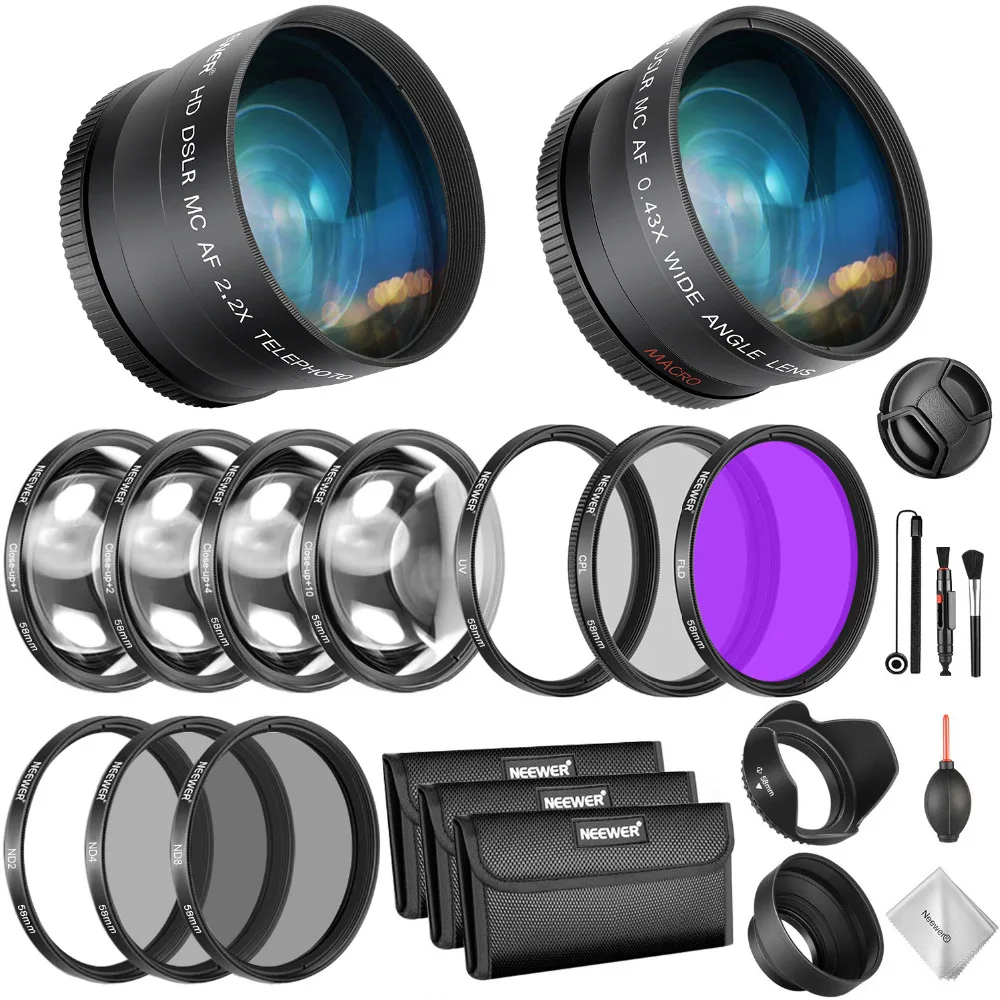 

Neewer 58mm Lens and Filter Bundle: Wide Angle Lens, Telephoto Lens and Filter Set (Macro, ND, UV, CPL, FLD) for Canon EOS Rebel