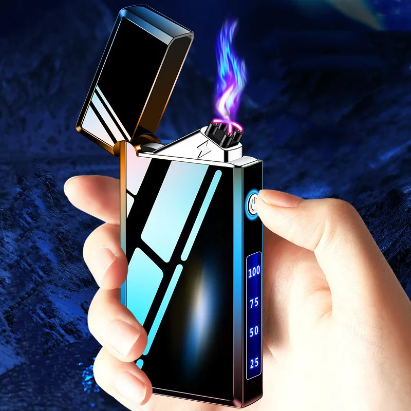 

USB pulse flameless plasma windproof double arc lighter Type-C charging LED display metal electric lighter creative men's gift