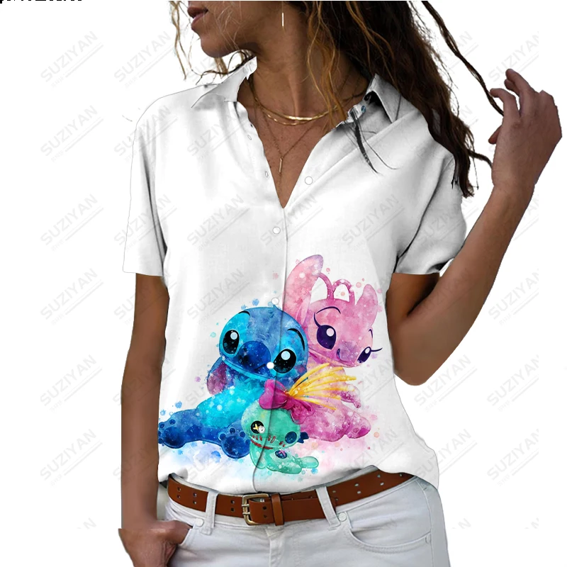 

Summer Disney Shirt Short Sleeve Button Style Cardigan Top 3D Printed Casual Harajuku Comfortable V-Neck Large Rainbow Stitch
