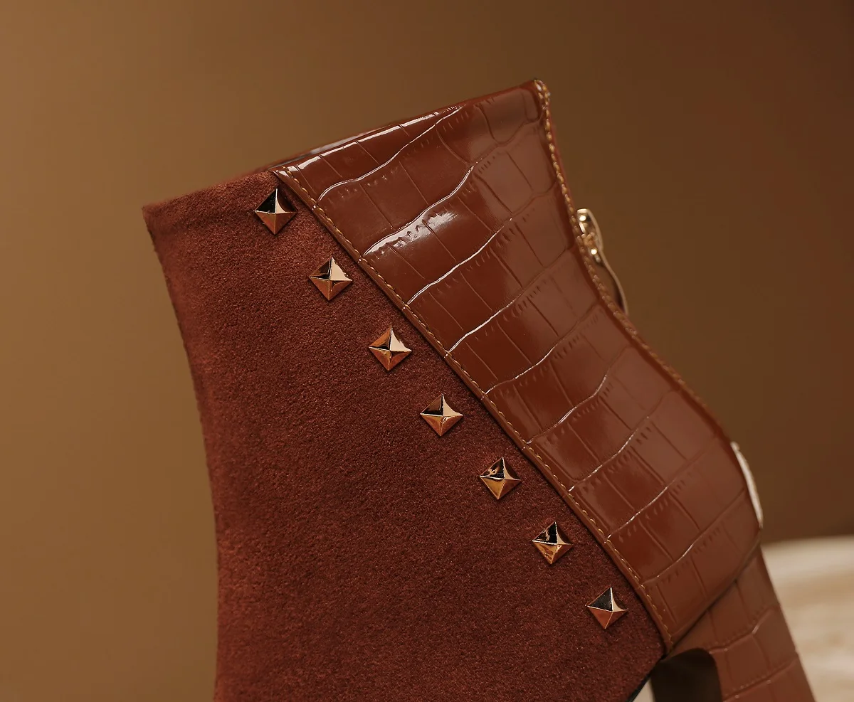 Free Shipping women's low boots booties stone PU and Suede PU buckles covered square chunky heels and back zipper spring booties