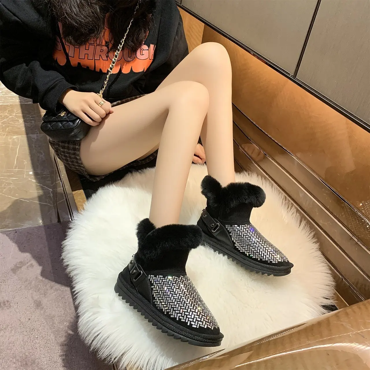 2022 New Winter Ankle Boot for Women Fashion Retro Strap Bling Shoes Short Woman Snow Booties Ladies Warm Plush Cotton Slippers