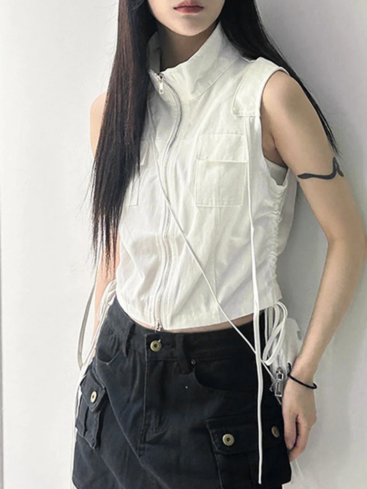 

Zip Up Cargo T Shirt Side Drawstring Pockets Sleeveless Crop Top Y2k Streetwear Women Outfits Korean Fashion Loose Tees