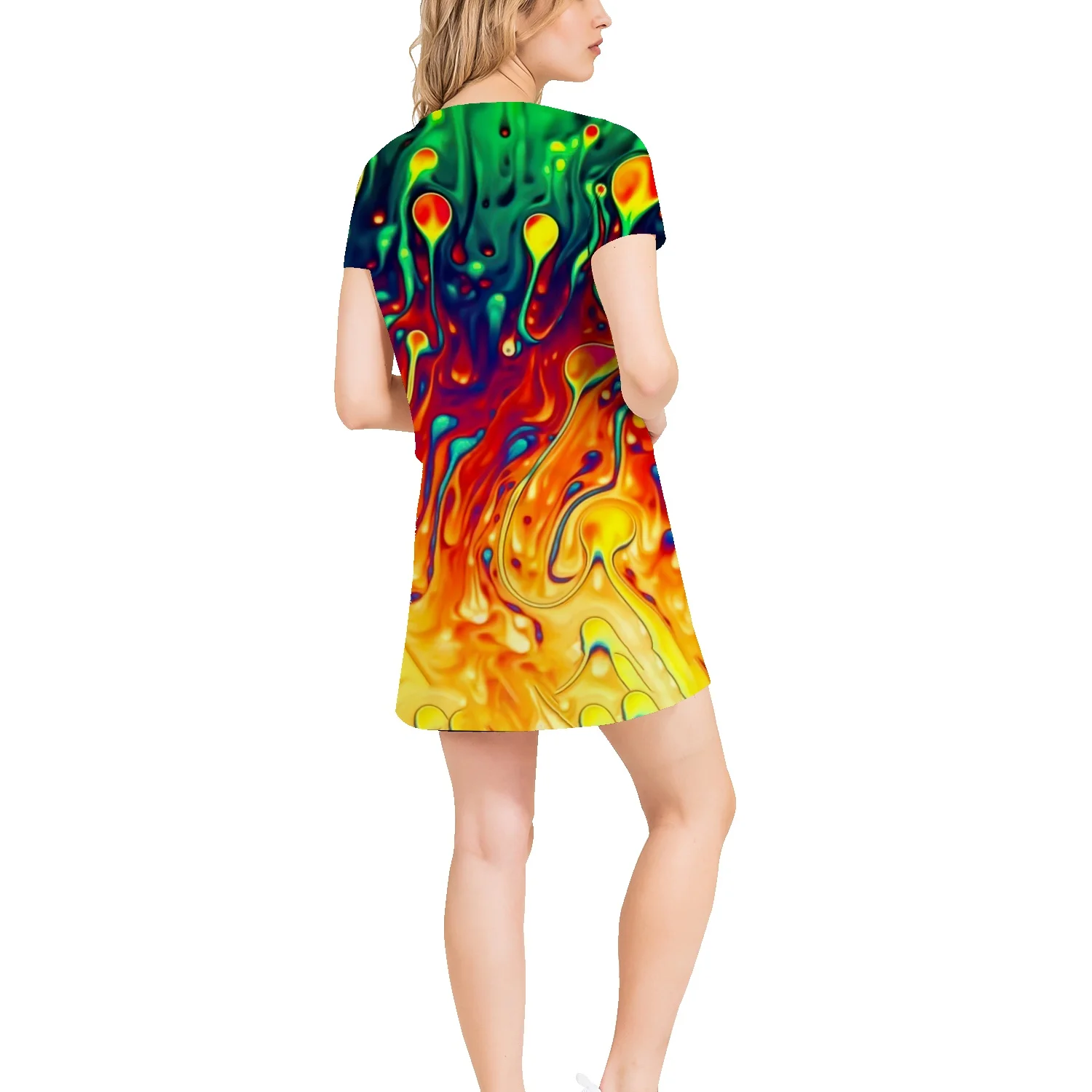 

Rainbow colorful mid-length O neck T-shirt skirt women's summer top chic cotton women's clothing loose all-match short skirt