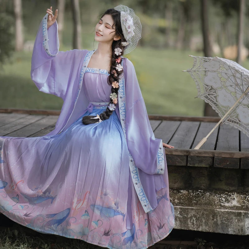 4 Colors Traditional Chinese Hanfu For Women Sweet Print Fairy Cosplay Hanfu 3Pcs Suit Tang Dynasty Princess Folk Dance Clothing