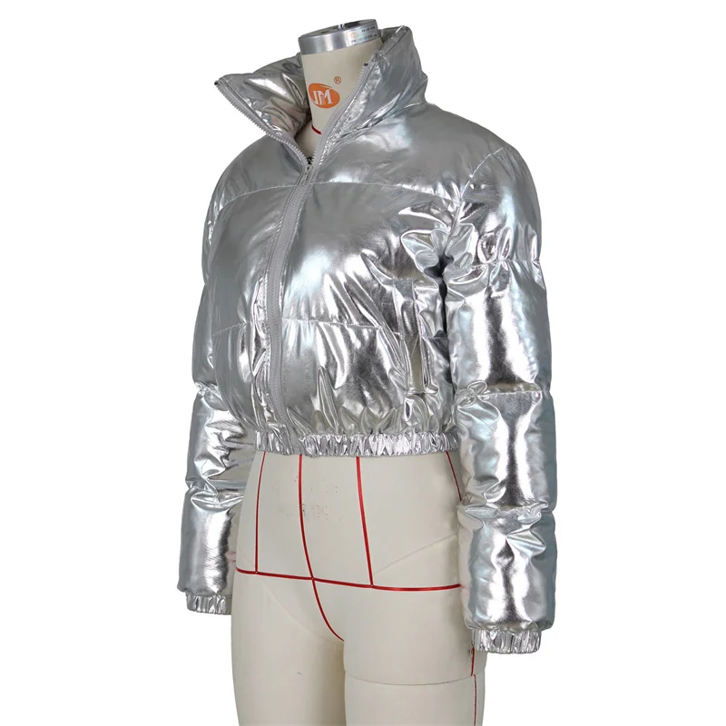 Adogirl Gilding Cotton Padded Jackets 2022 Winter Women Stand Collar Long Sleeve Zipper Short Parkas Coats Cropped Tops