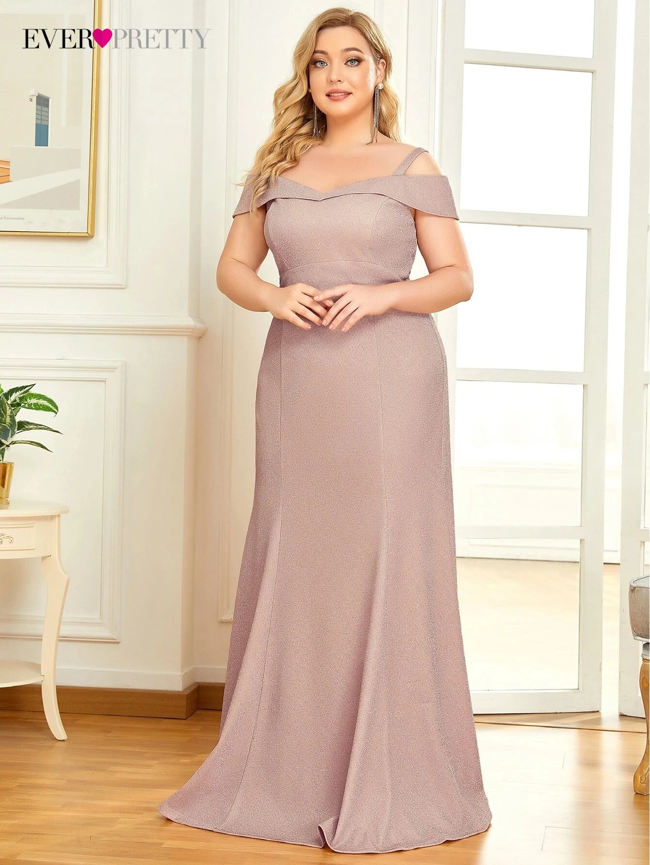 

Plus Size Elegant Women's Dresse Long Mermaid Floor-Length Slash Neck Lace Short Sleev Gown 2022 Ever Pretty of Prom Women Dress