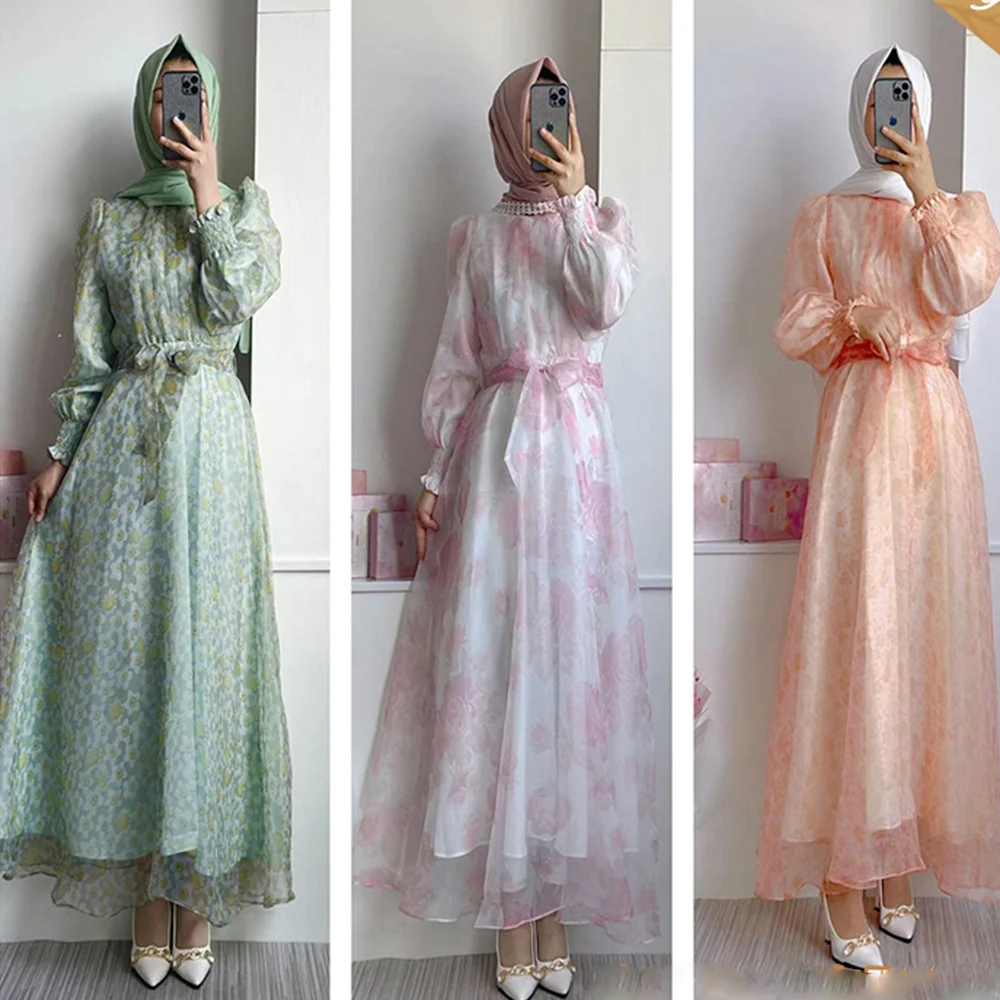 New Muslim Arab Pakistan Women's Fashion Printed Organza Dress Middle East Moroccan Kaftan Abayas for Women Robes