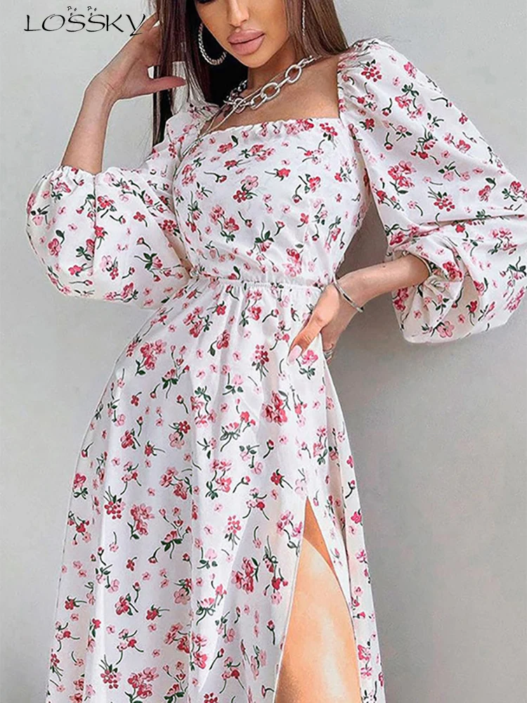 

Puff Sleeve Midi Dress Women Sexy White Floral Print Backless Slit Dress Casual Elegant Square Collar Spring Autumn Dresses 2022